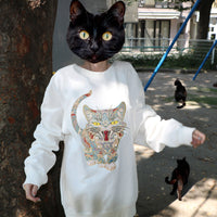 Cat Embroidery Crew Sweatshirt / White