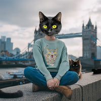 Cat Embroidery Crew Sweatshirt / Green