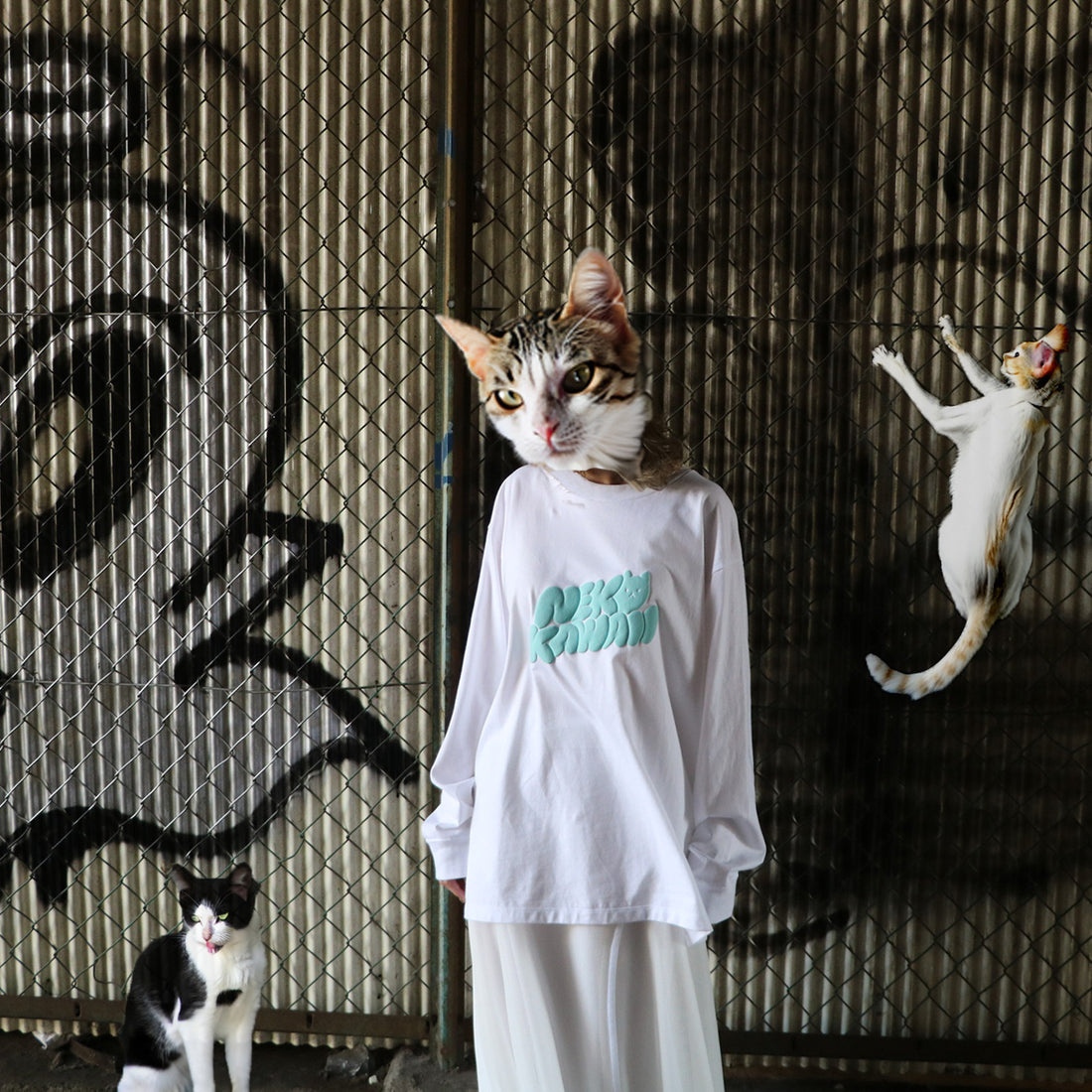 NEKOKAWAII Long Sleeve Tee White / Turquoise・Blue Grey