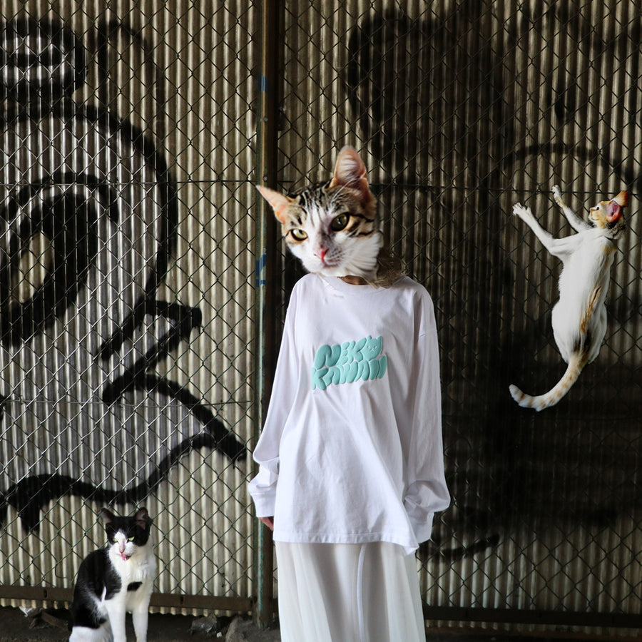 NEKOKAWAII Long Sleeve Tee White / Turquoise・Blue Grey
