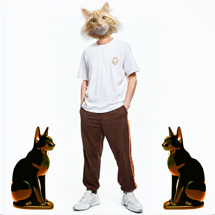 Cat Embroidery Tee White / Blue Gradation・Amber Bicolor