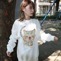 Cat Embroidery Crew Sweatshirt / White