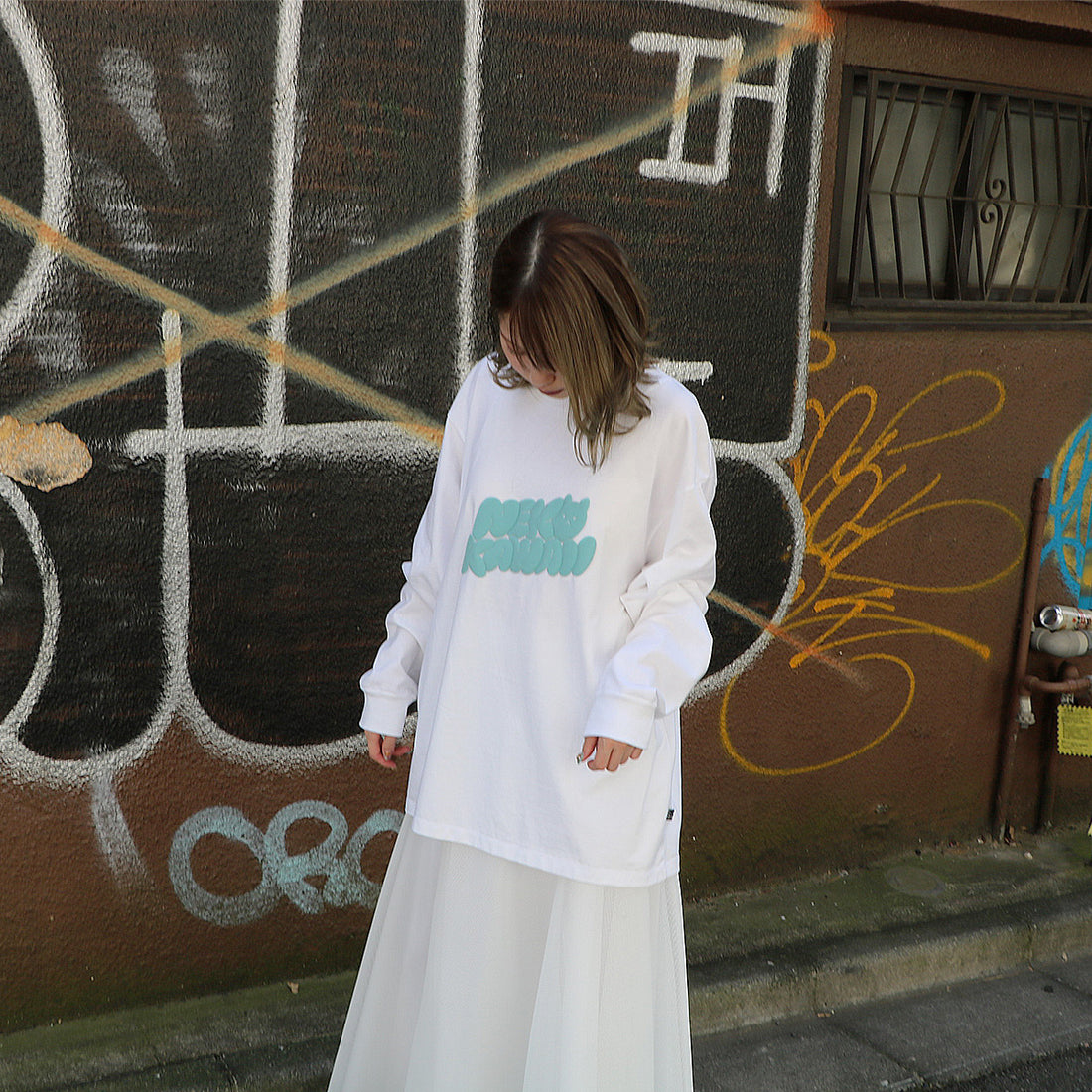 NEKOKAWAII Long Sleeve Tee White / Turquoise・Blue Grey