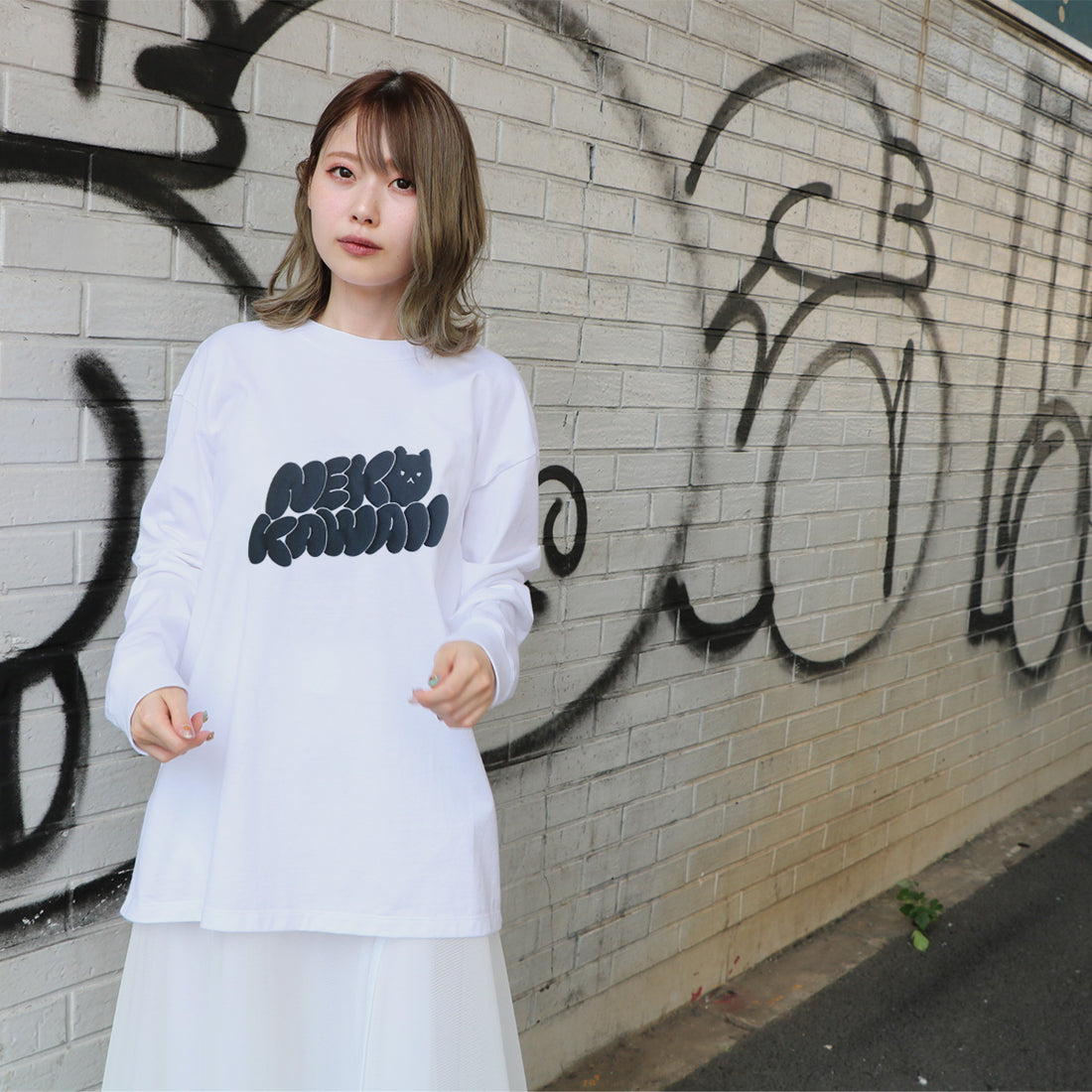 NEKOKAWAII Long Sleeve Tee White / Turquoise・Blue Grey