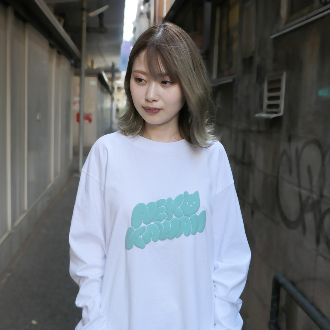 NEKOKAWAII Long Sleeve Tee White / Turquoise・Blue Grey