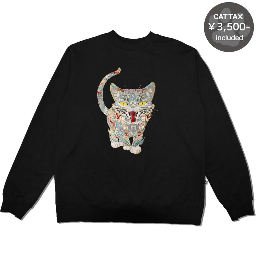 Cat Embroidery Crew Sweatshirt / Black